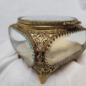 Antique Victorian Ormulu Beveled Glass  Jewelry Casket Box Gold Vitrine Display